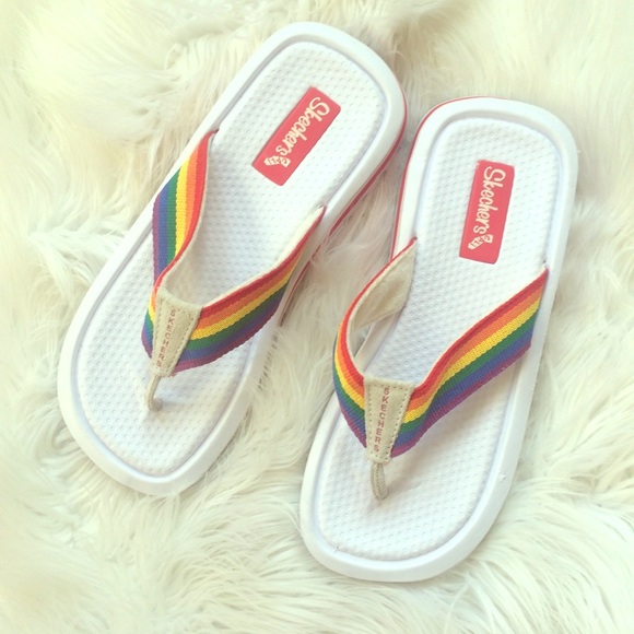 skechers rainbow flip flops